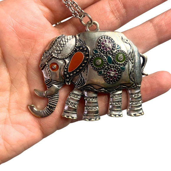 Jewelry - Silver Tone Elephant Pendant Long Necklace Colorful Indian Ganesha Hindu